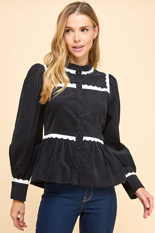 NEWEST ARRIVAL Black/White Ric Rac Trim Corduroy Button Down Blouse