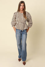 Load image into Gallery viewer, NEWEST ARRIVAL Brown Striped Peplum Belted Blouse
