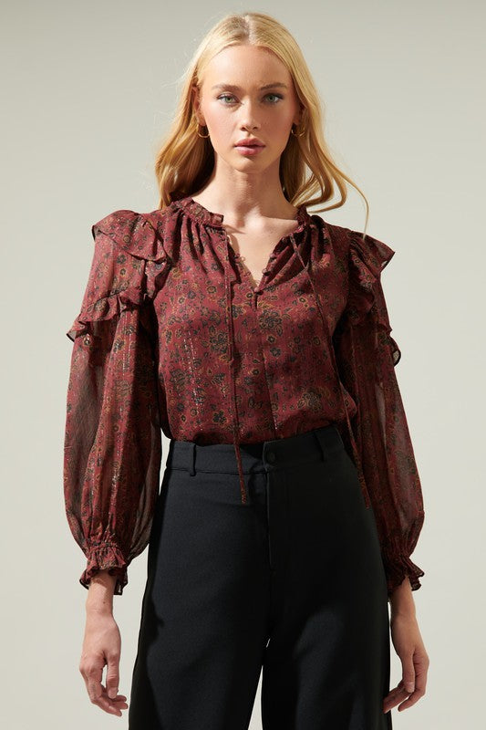 NEWEST ARRIVAL Burgundy/Black Floral Marquette Ruffle Blouse