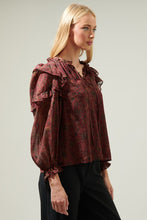 Load image into Gallery viewer, NEWEST ARRIVAL Burgundy/Black Floral Marquette Ruffle Blouse
