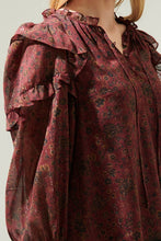 Load image into Gallery viewer, NEWEST ARRIVAL Burgundy/Black Floral Marquette Ruffle Blouse
