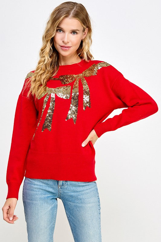 LAST ONE FINAL SALE Red/Gold Sequin Bow Sweater