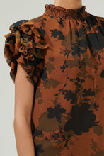 Load image into Gallery viewer, Brown/Black Floral Mock Neck Ruffle Blouse
