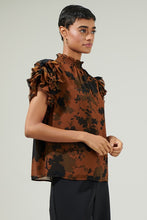 Load image into Gallery viewer, Brown/Black Floral Mock Neck Ruffle Blouse
