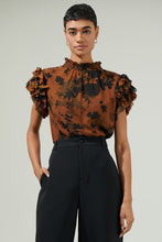 Load image into Gallery viewer, Brown/Black Floral Mock Neck Ruffle Blouse
