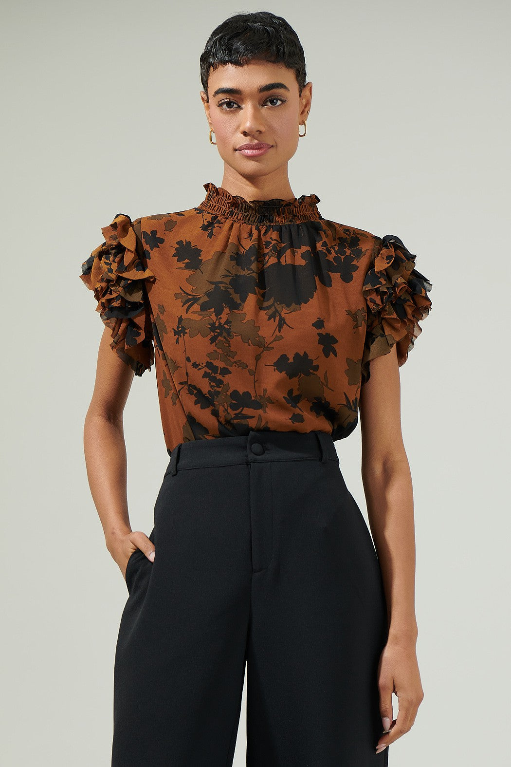 Brown/Black Floral Mock Neck Ruffle Blouse