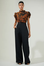 Load image into Gallery viewer, Brown/Black Floral Mock Neck Ruffle Blouse
