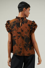 Load image into Gallery viewer, Brown/Black Floral Mock Neck Ruffle Blouse
