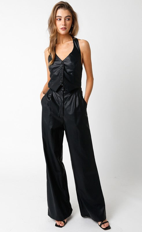 FINAL SALE Black Pleather Halter Jumpsuit