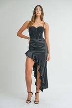 Load image into Gallery viewer, LAST ONE FINAL SALE Black Satin Bustier Side Ruffle Dress
