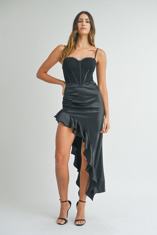 LAST ONE FINAL SALE Black Satin Bustier Side Ruffle Dress