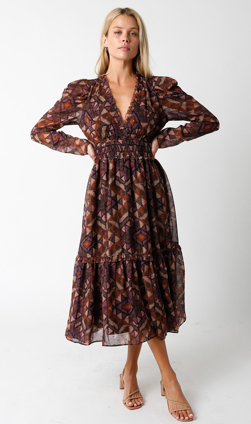 NEWEST ARRIVAL Brown/Purple Geometric Print Midi Dress