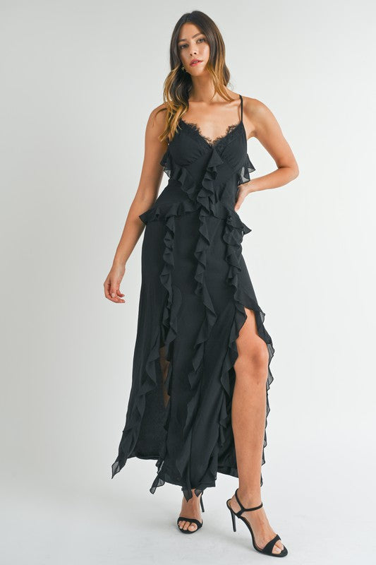 NEWEST ARRIVAL Black Ruffle Front Maxi Dress