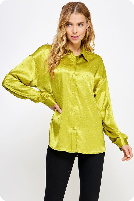Chartreuse Green Studded Satin Skirt Set