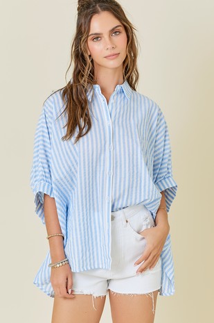 NEWEST ARRIVAL Blue/Striped Button Down Oversized Blouse