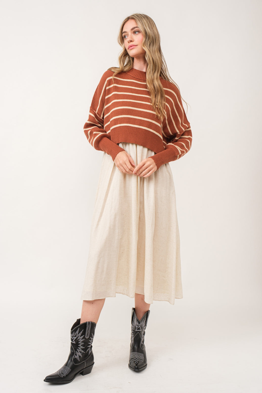 NEWEST ARRIVAL Caramel  Brown Crop Side Slit Loose Sweater