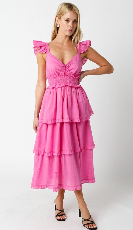 NEWEST ARRIVAL Pink Ruffle Tiered Midi Dress