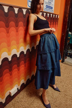 Load image into Gallery viewer, FINAL SALE Dark Denim Chambray Tiered Midi Skirt
