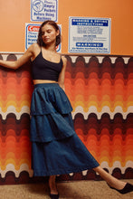 Load image into Gallery viewer, FINAL SALE Dark Denim Chambray Tiered Midi Skirt
