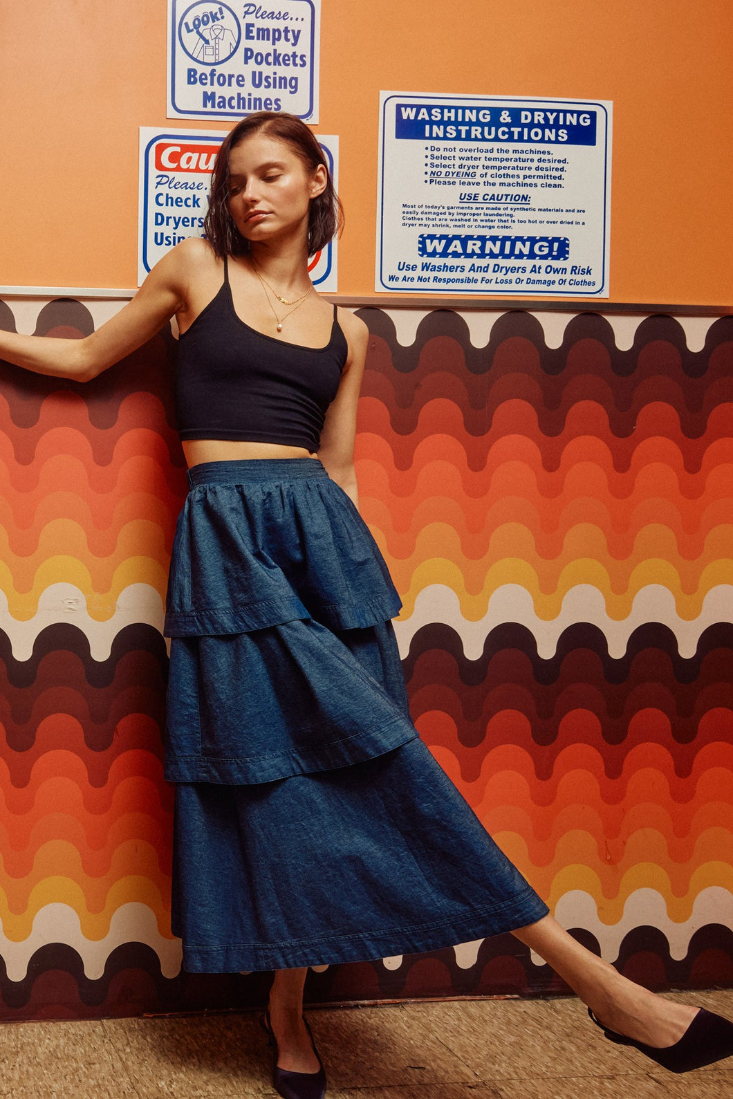 FINAL SALE Dark Denim Chambray Tiered Midi Skirt