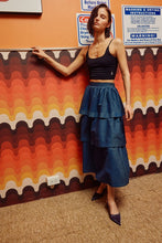 Load image into Gallery viewer, FINAL SALE Dark Denim Chambray Tiered Midi Skirt
