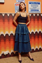 Load image into Gallery viewer, FINAL SALE Dark Denim Chambray Tiered Midi Skirt
