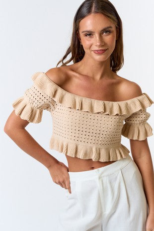 Tan Ruffle Pointelle Crop Knit Blouse