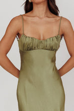 Load image into Gallery viewer, NEWEST ARRIVAL Olive Green Twist Back Satin Maxi Dress

