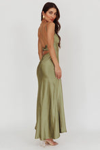 Load image into Gallery viewer, NEWEST ARRIVAL Olive Green Twist Back Satin Maxi Dress
