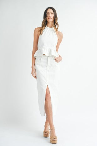 NEWEST ARRIVAL White Denim Halter Midi Skirt Set