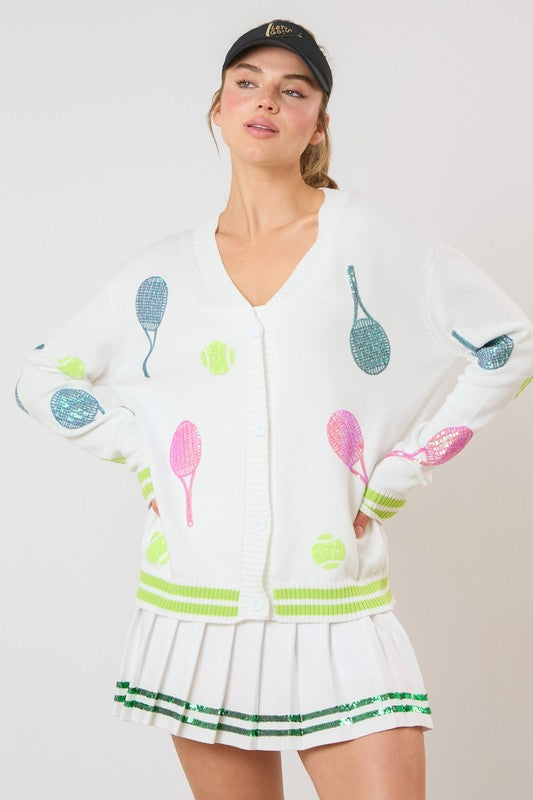 FINAL SALE White Sequin Pickleball Knit Cardigan