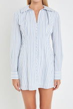Load image into Gallery viewer, LAST ONE FINAL SALE Blue Striped Button Down Mini Shirt Dress
