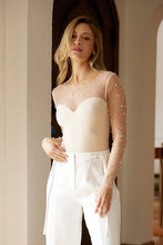 Load image into Gallery viewer, NEWEST ARRIVAL Nude Pearl Embellished Sheer Long Sleeve Bodysuit
