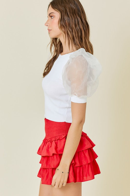 Sheer puff blouse 【Ivory】　orgue White Organza Puff Sleeve Blouse – Five Points Boutique