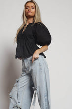Load image into Gallery viewer, NEWEST ARRIVAL Black Puff Sleeve Peplum Blouse
