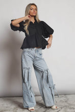 Load image into Gallery viewer, NEWEST ARRIVAL Black Puff Sleeve Peplum Blouse
