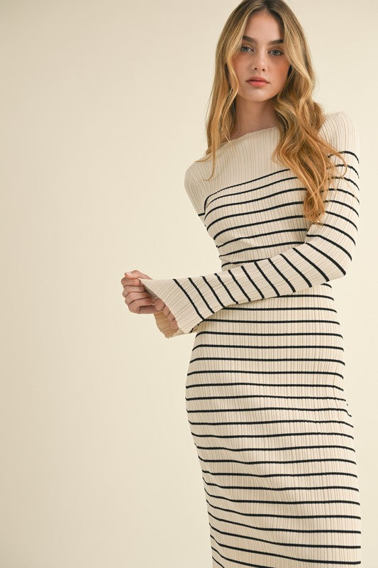 LAST ONE Ivory/Black Striped Fitted Knit Midi Dress