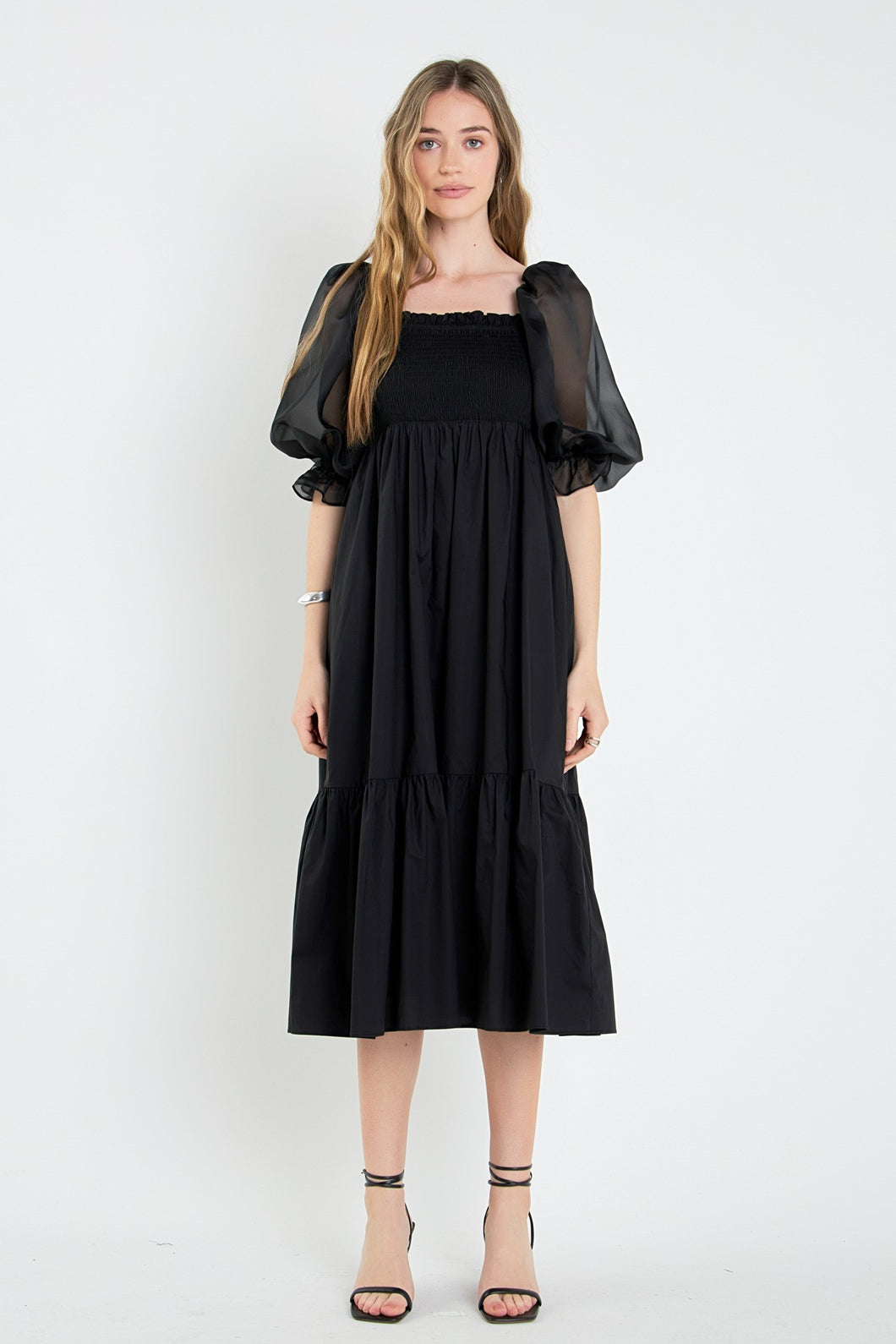 NEWEST ARRIVAL Black Organza Sleeve Midi Dress