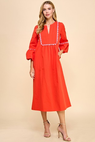 LAST ONE Red/Pink Ric Rac Trim Shift Midi Dress