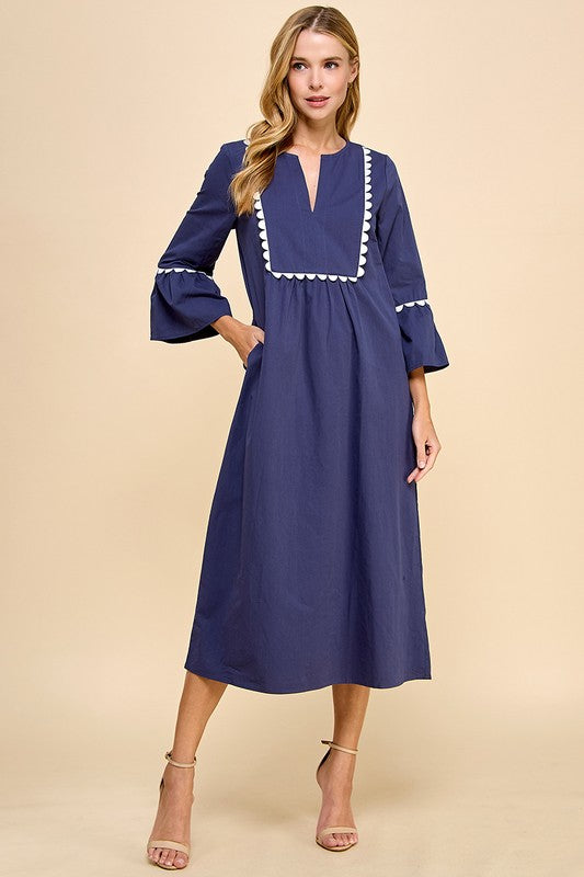 LAST ONE Navy Scallop Trim Midi Dress