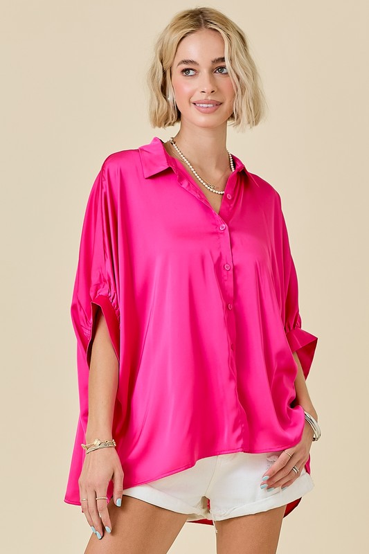 LAST ONE MEDIUM Pink Satin Oversized Button Down Blouse