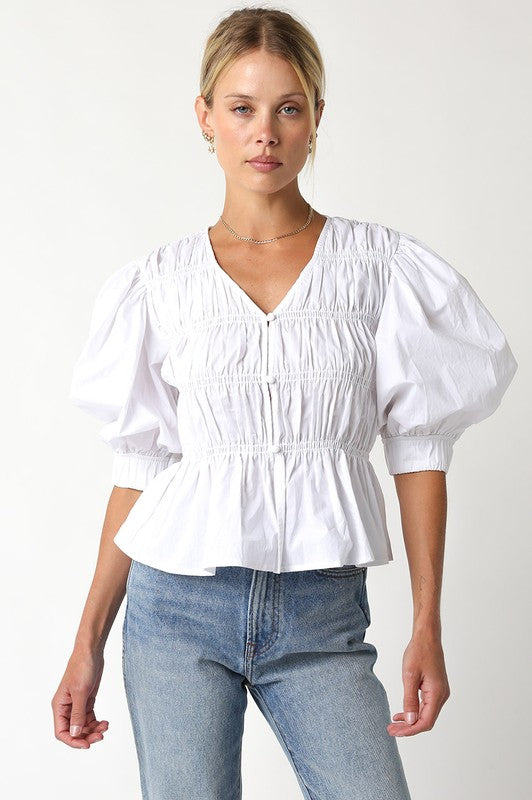 LAST ONE White Smocked Front Button Blouse