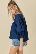 Load image into Gallery viewer, NEWEST ARRIVAL Navy Ruffle Sleeve Button Down Blouse
