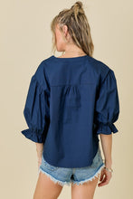 Load image into Gallery viewer, NEWEST ARRIVAL Navy Ruffle Sleeve Button Down Blouse
