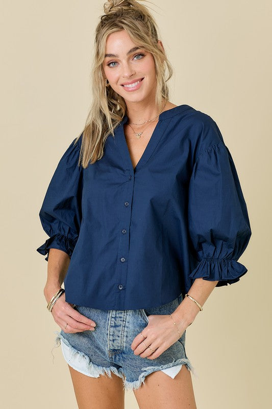 NEWEST ARRIVAL Navy Ruffle Sleeve Button Down Blouse