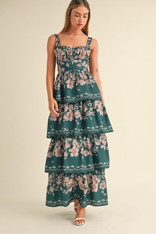 FINAL SALE Hunter Green or Wine Floral Tiered Maxi Dress