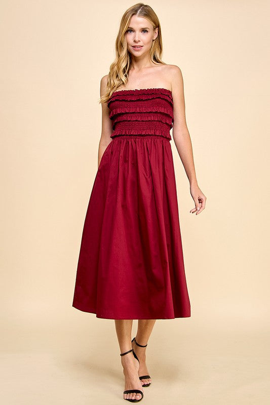 LAST ONE FINAL SALE Wine Red Strapless Midi Dress