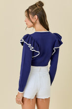 Load image into Gallery viewer, Navy Ruffle Crop Sweater
