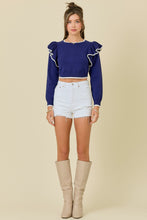 Load image into Gallery viewer, Navy Ruffle Crop Sweater
