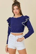 Load image into Gallery viewer, Navy Ruffle Crop Sweater
